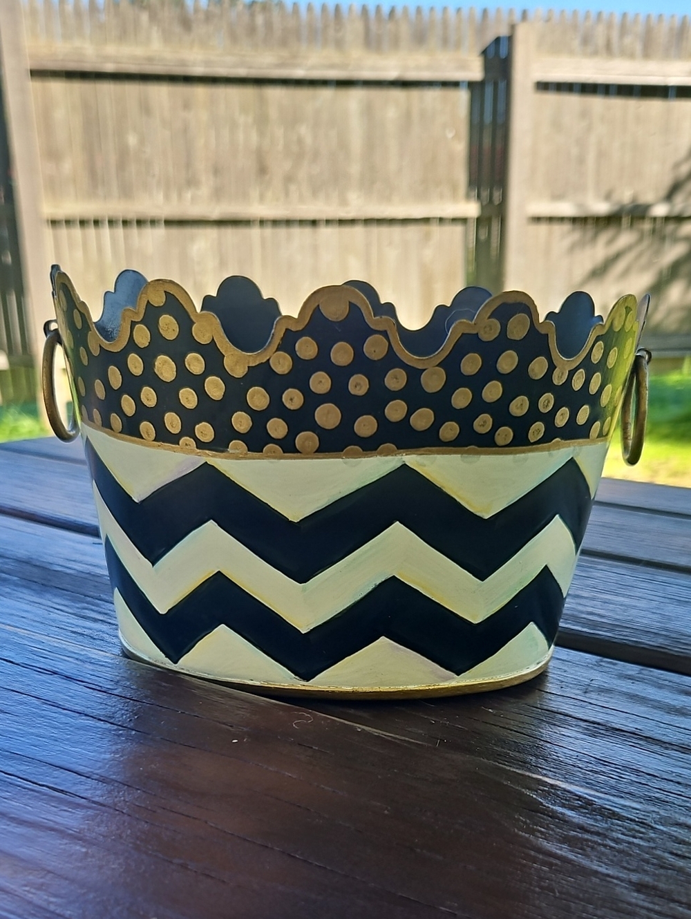 MKC Handpainted Chevron Metal Planter in Black and Cream